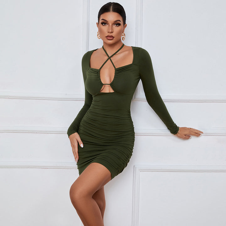 Green Full Sleeve Halter Neck Dress