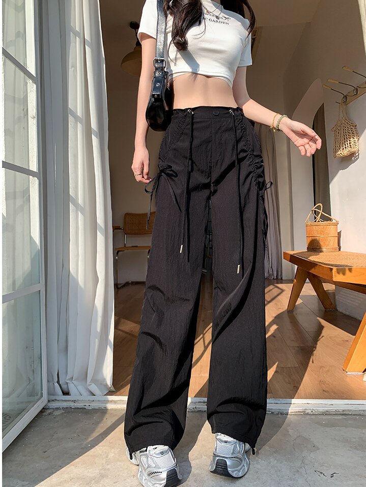 Black Wide Leg Drawstring Parachute Pants