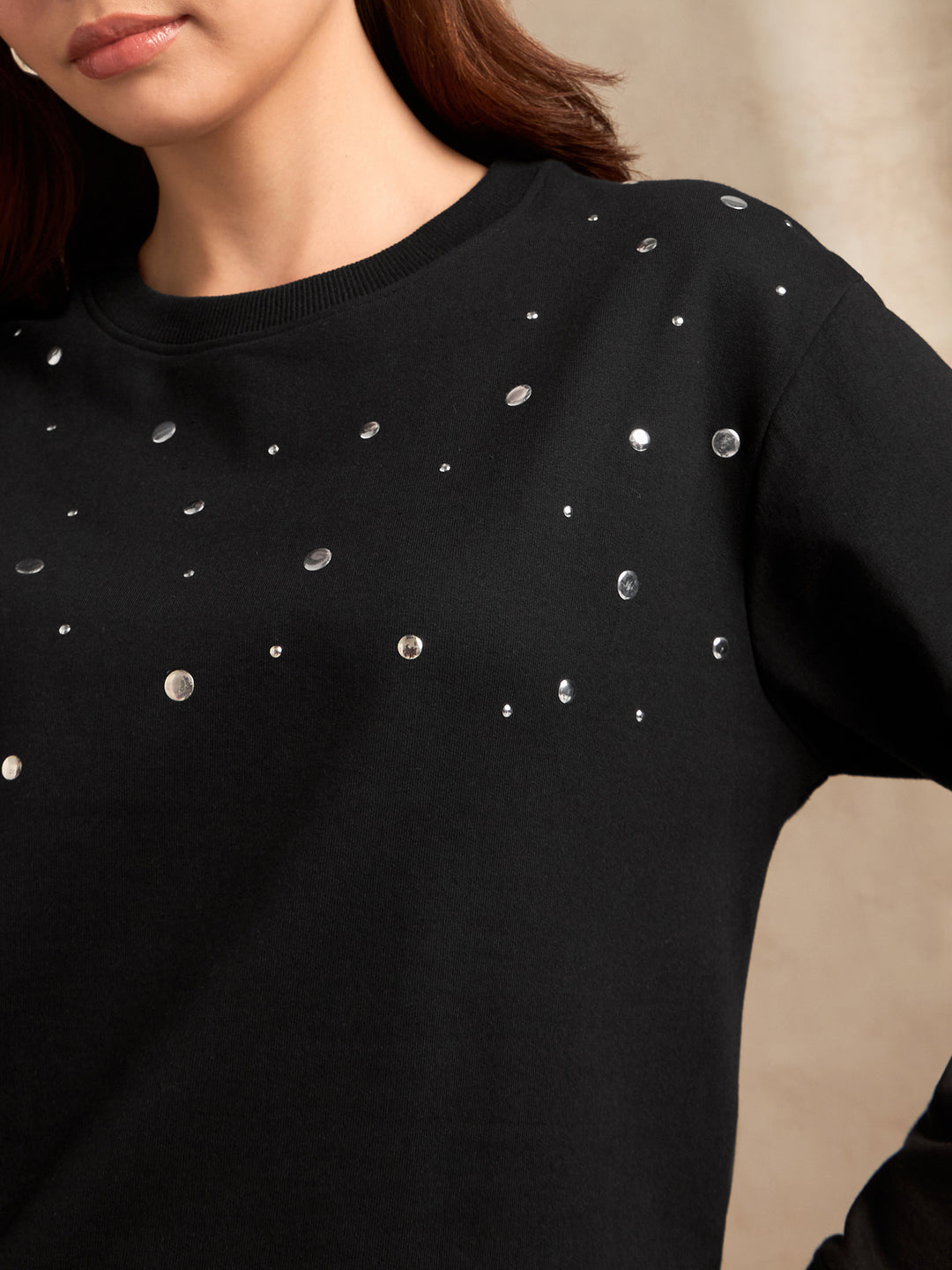 Black Metal Studded Solid Sweatshirt