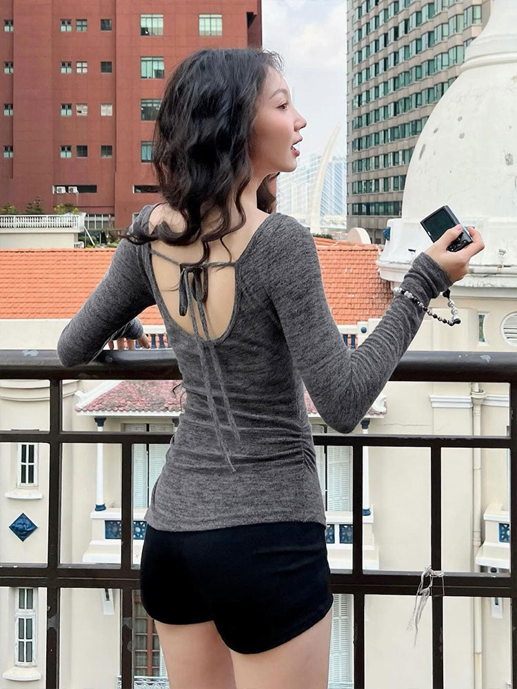 Grey Broad Neck Full Sleeves Side Cut Top