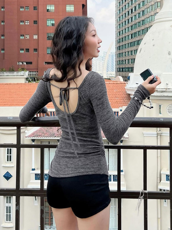 Grey Broad Neck Full Sleeves Side Cut Top