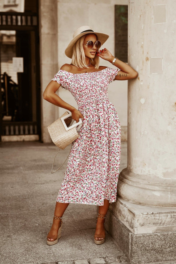 White Printed Off-Shoulder Dress