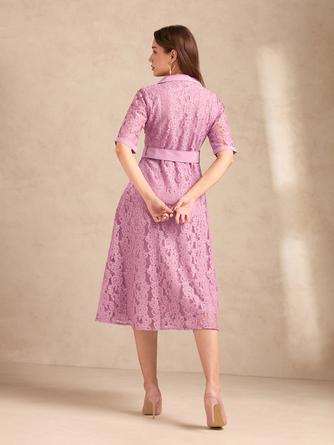 Lilac Lace Shirt Dress With Belt Detail