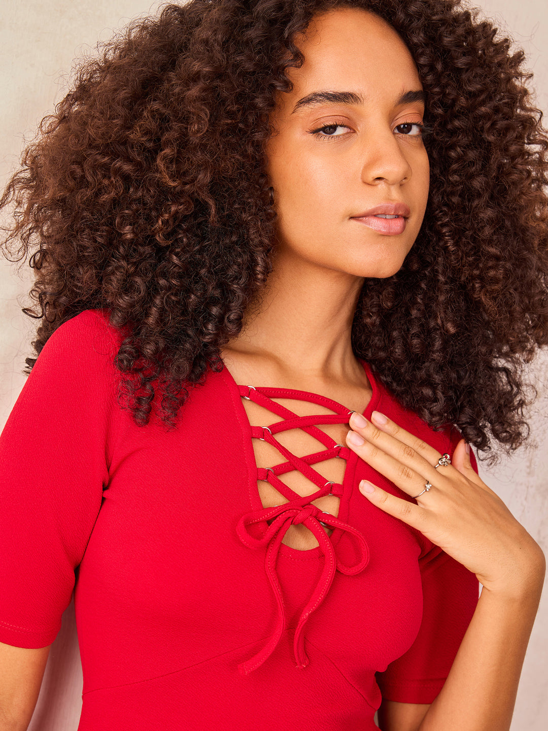 Red Plunge Tie Up Neck Dress