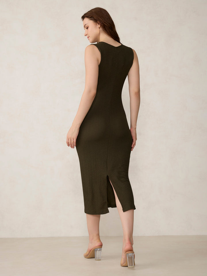 Olive Textured Knit Midi Dress