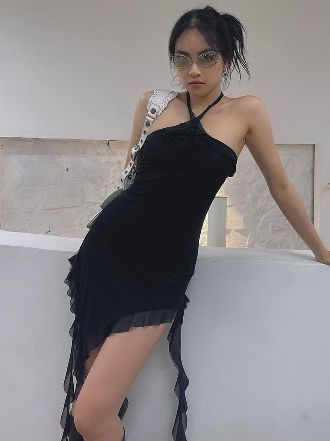 Black Tie Neck Mini Bodycon Dress