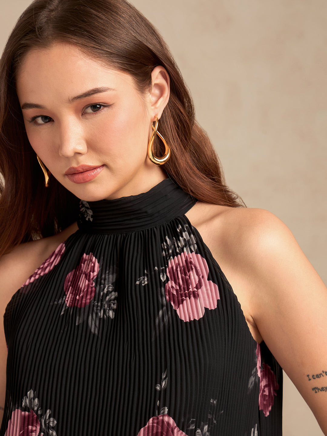 Black Halter Neck Plisse Flared Printed Top