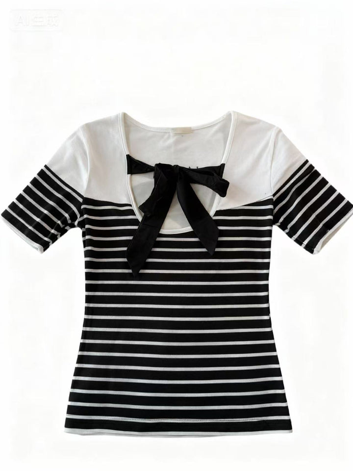 White Short Sleeve Striped Back Bow Top