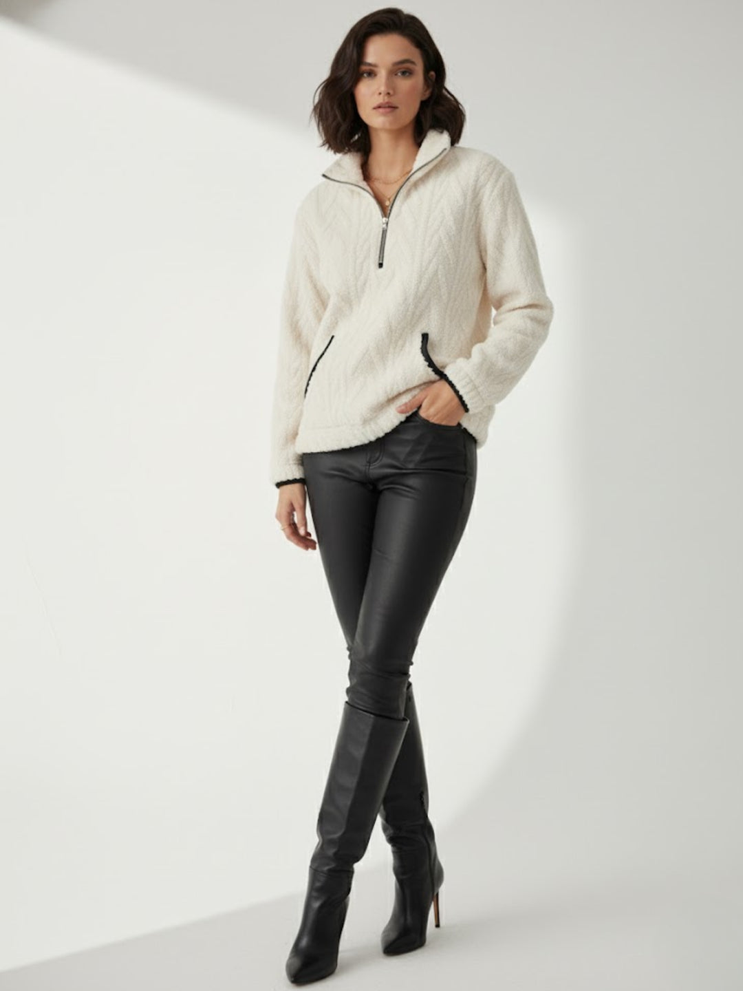 Off White Zip Up Collared Textured Sweater With Pockets