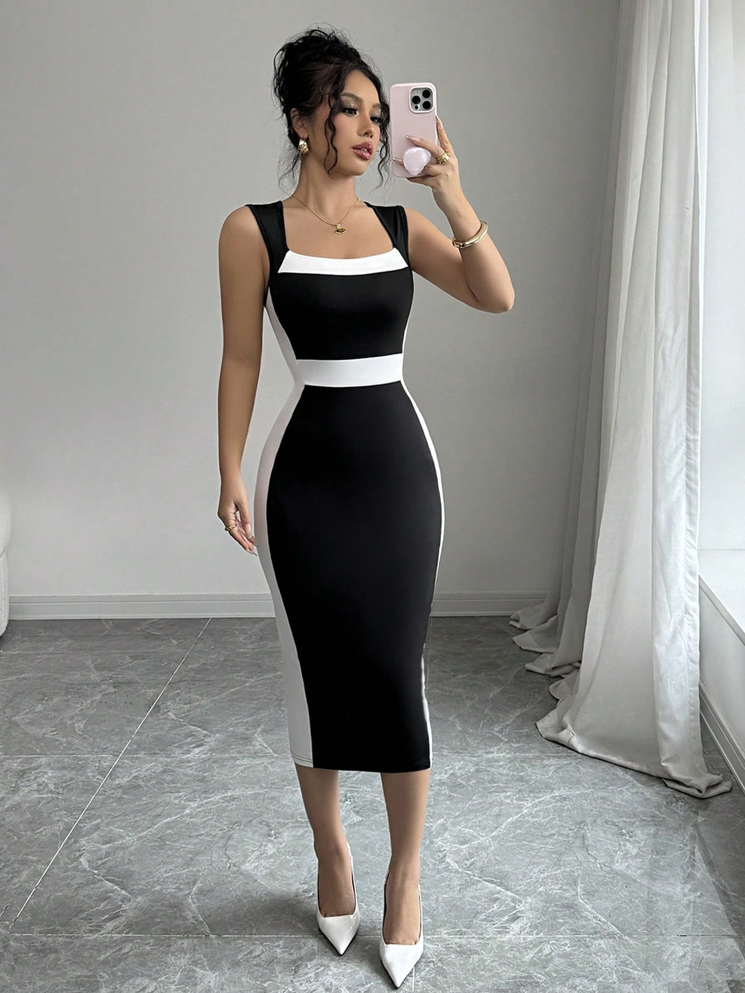 Black Wide Strap Colour Block Dress