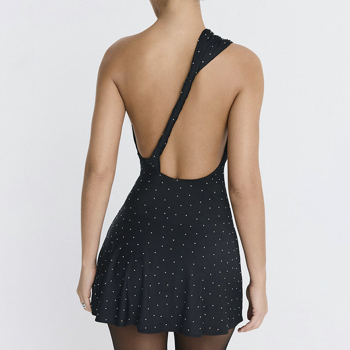 Black One-Shoulder Polka Dot Dress