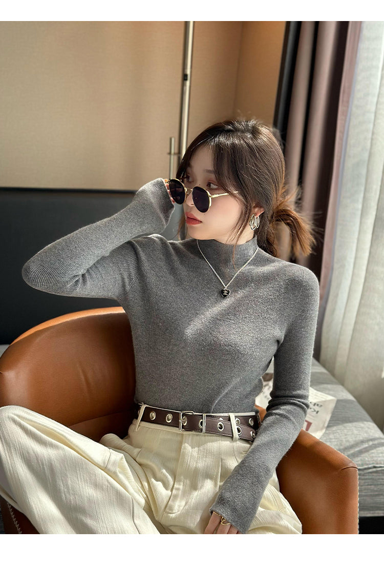 Grey Full Sleeve Mock Neck Fitted Sweater