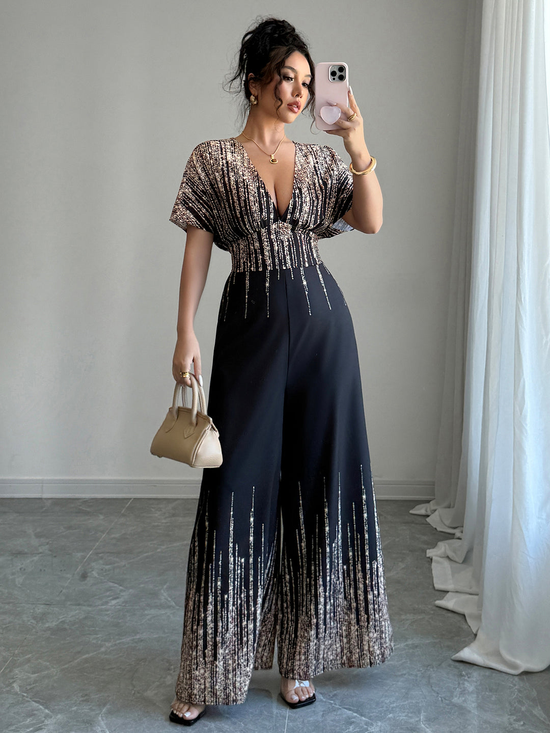 Black Shimmer Plunge Neck Jumpsuit
