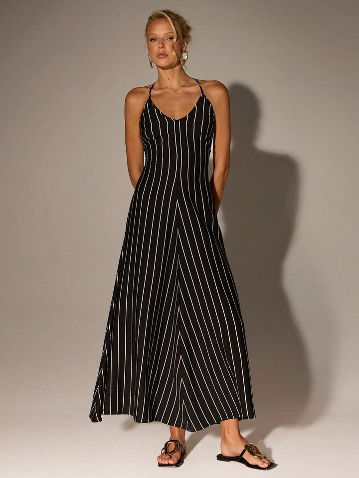 Black Spaghetti Strap V Neck Flared Dress