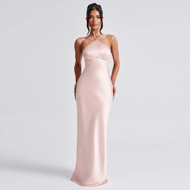 Pink Halter Neck Fit & Flare Evening Wear Dress