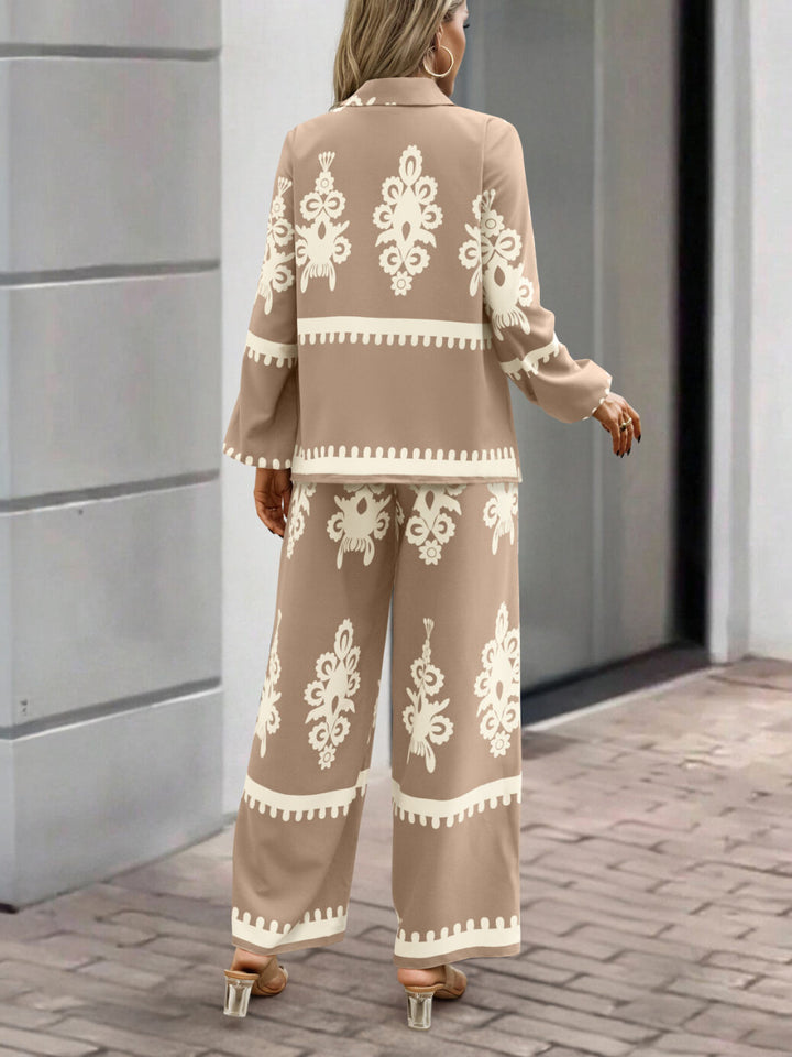 Beige Placement Print Shirt Trouser Coord Set