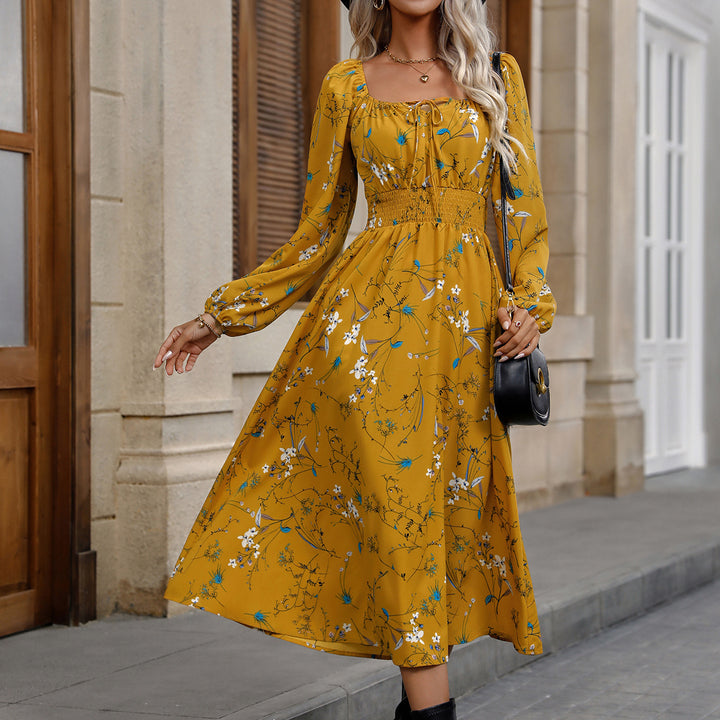 Mustard Bishop Sleeve Waist Elastic Dress