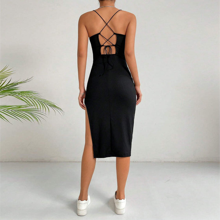 Black Shoulder Strap Side Slit Back Detail Dress