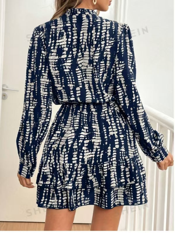Navy Printed Cinched At Waist Mini Dress