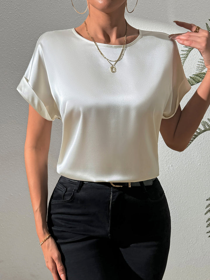 Off White Folded Hem Crew Neck Top