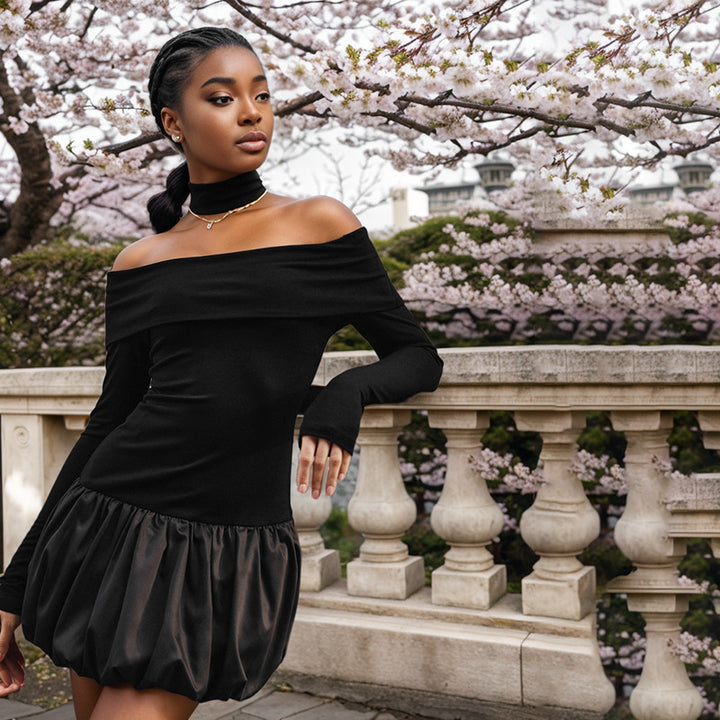 Black Bardot Top With Neck Tie Up Fitted Top