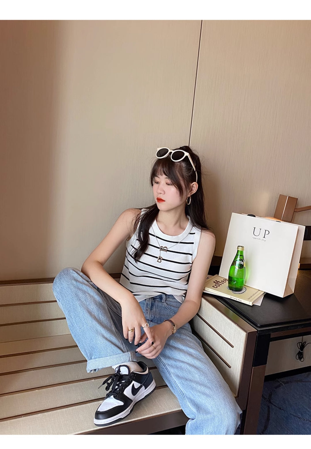 White Sleeveless Basic Striped Tank Top