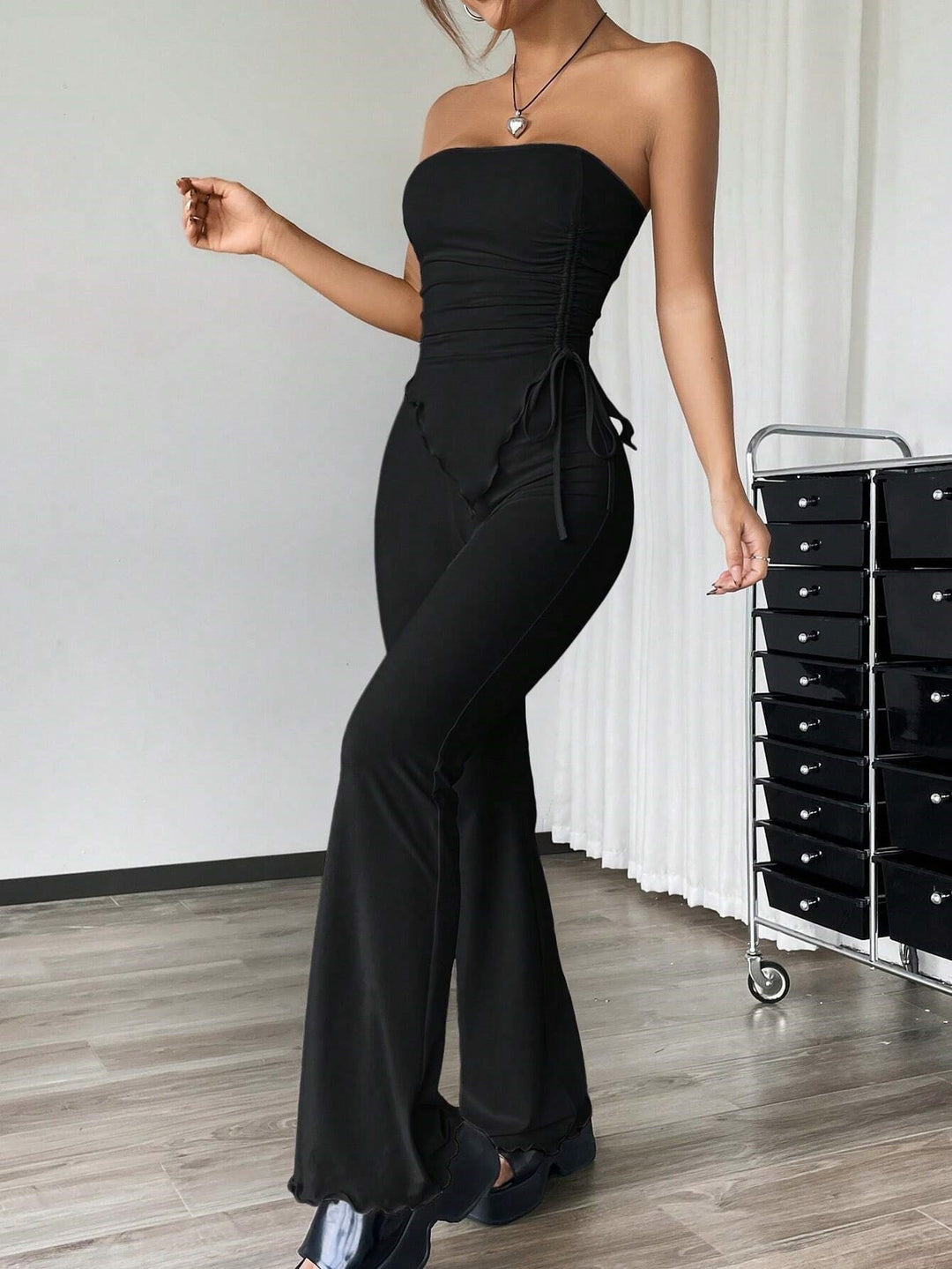 Black Strapless Side Ruched Asymmetrical Hem Co-Ords Set