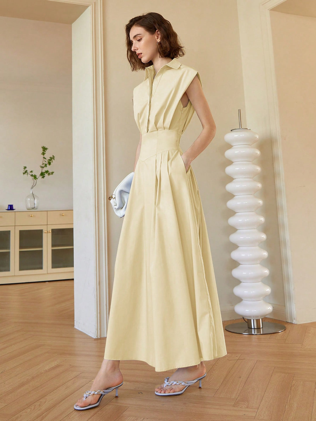 Cream Front Button Shirt Style Sleeveless Dress