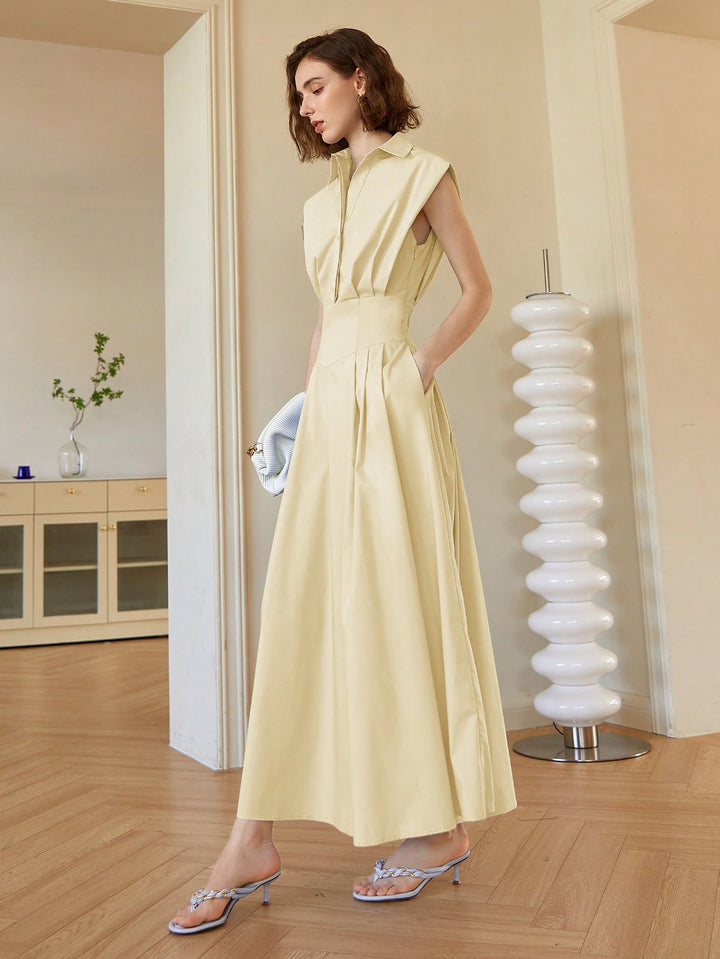 Cream Front Button Shirt Style Sleeveless Dress
