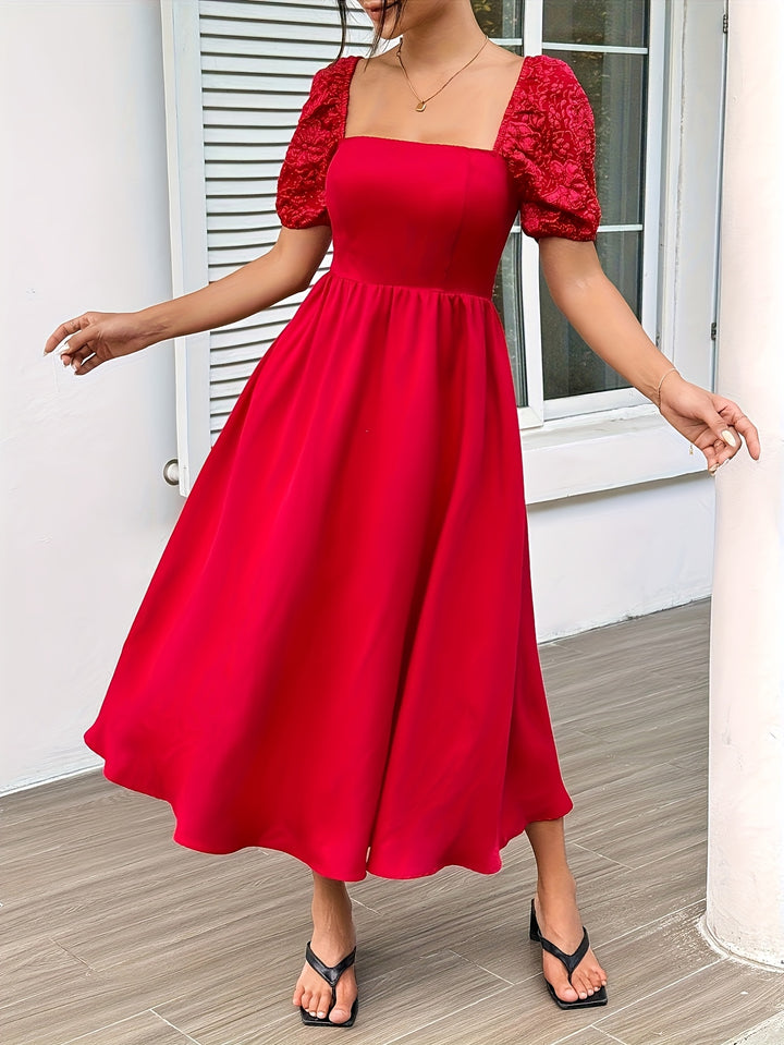 Red Midi Flared Dress With Jacquard Fabric At Sleeves