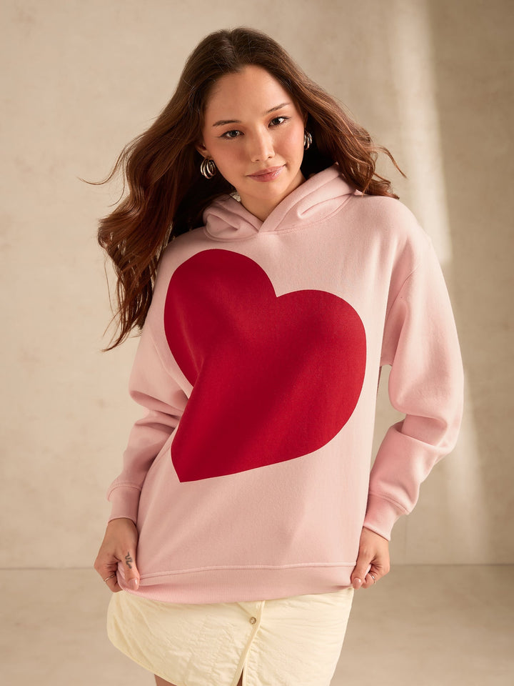 Pink Oversized Fleece Hoodie With Bold Heart Graphic