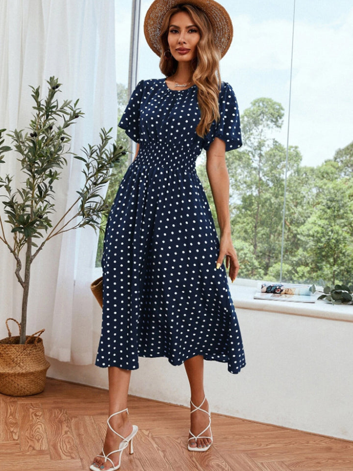 Navy Blue Printed Sinched Waist Dress