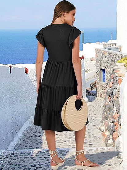 Black High V Neck Tiered Dress With Pockets