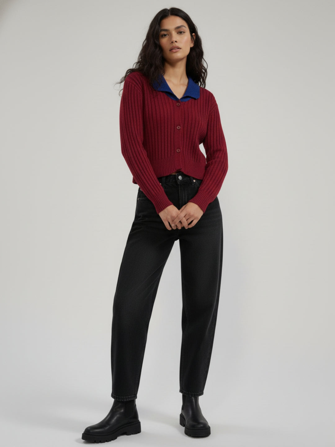 Red Full Sleeve Contrast Collar Cardigan