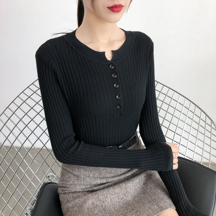 Black Full Sleeve Crew Neck Buttoned Top