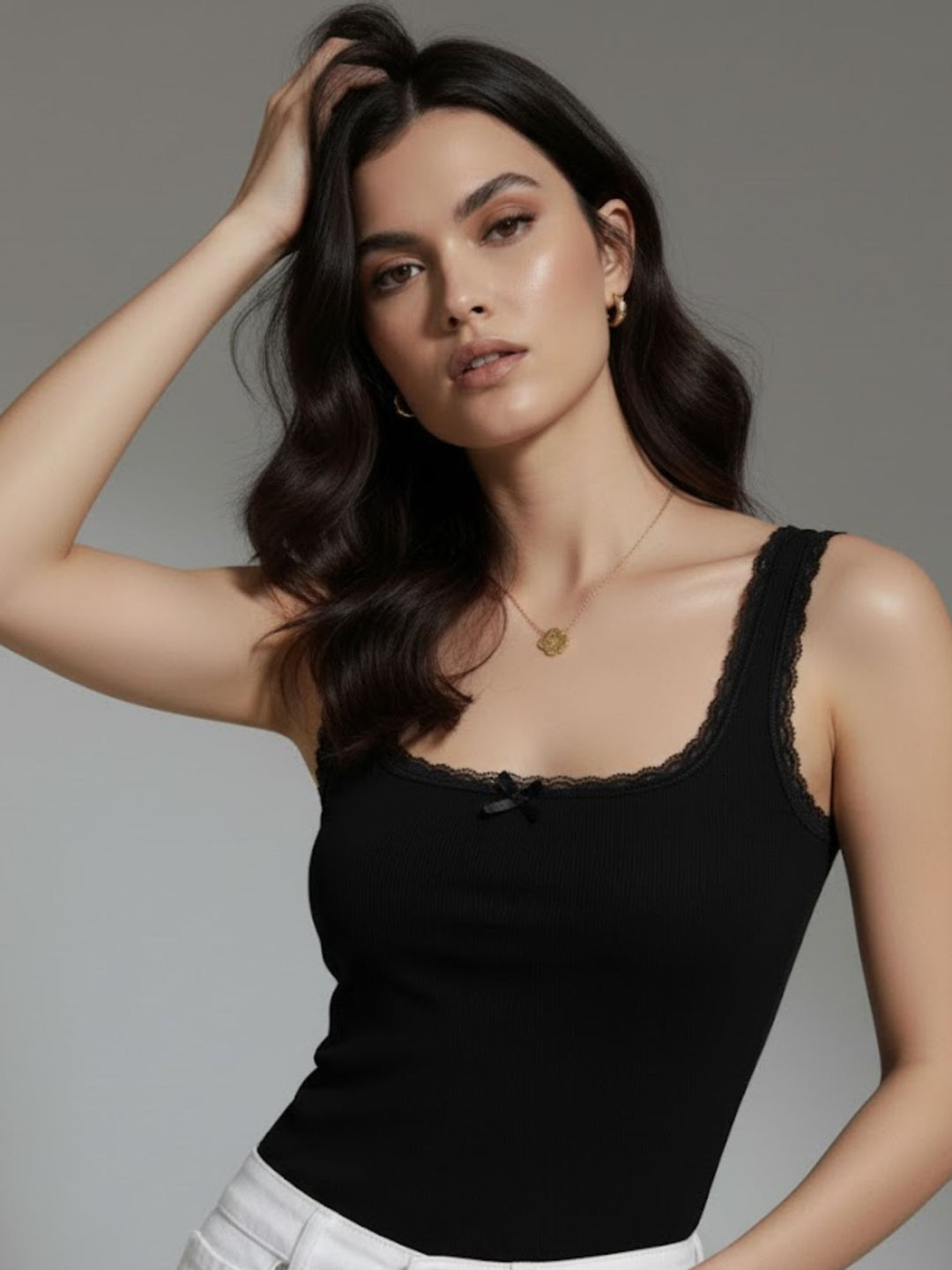 Black Ribbed Lace Trim Tank Top