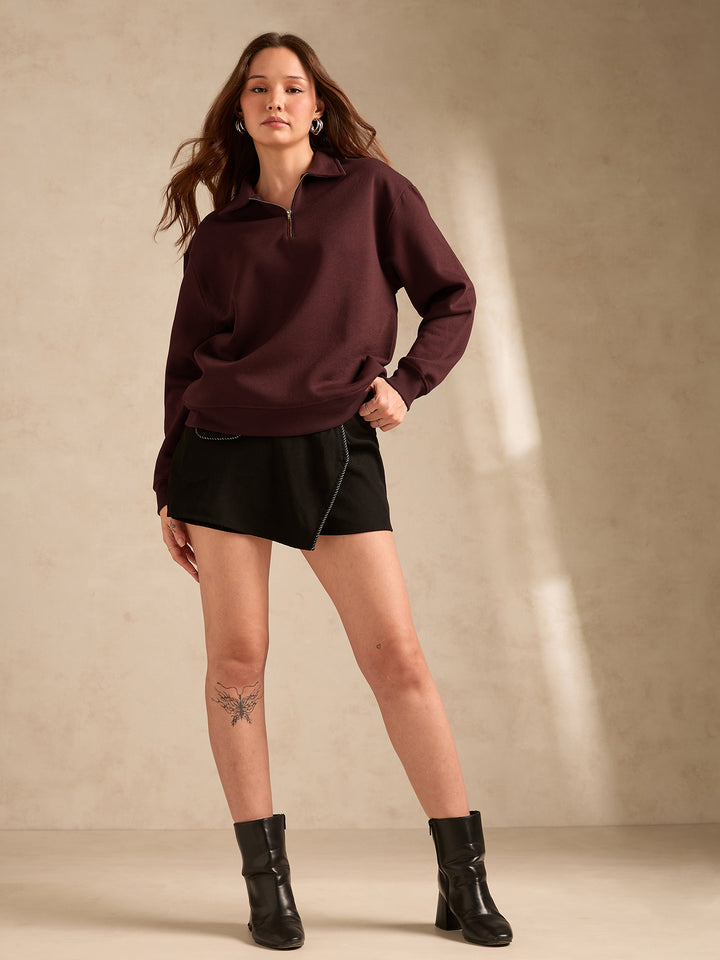 Brown Solid Oversized Zipper Sweatshirt