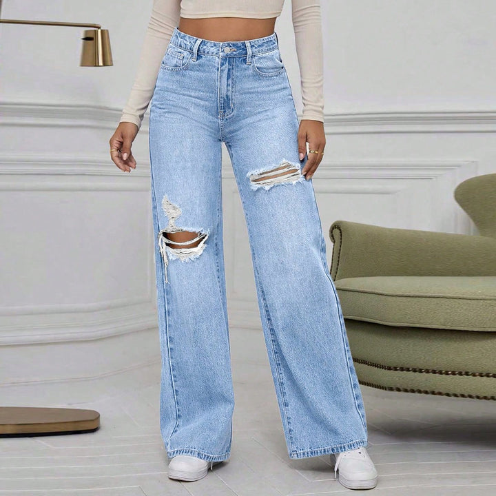 Light Blue Knee And Thigh Distressed Baggy Jeans