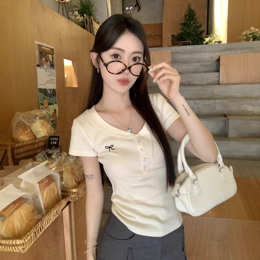 Beige V Neck Button Relaxed Top