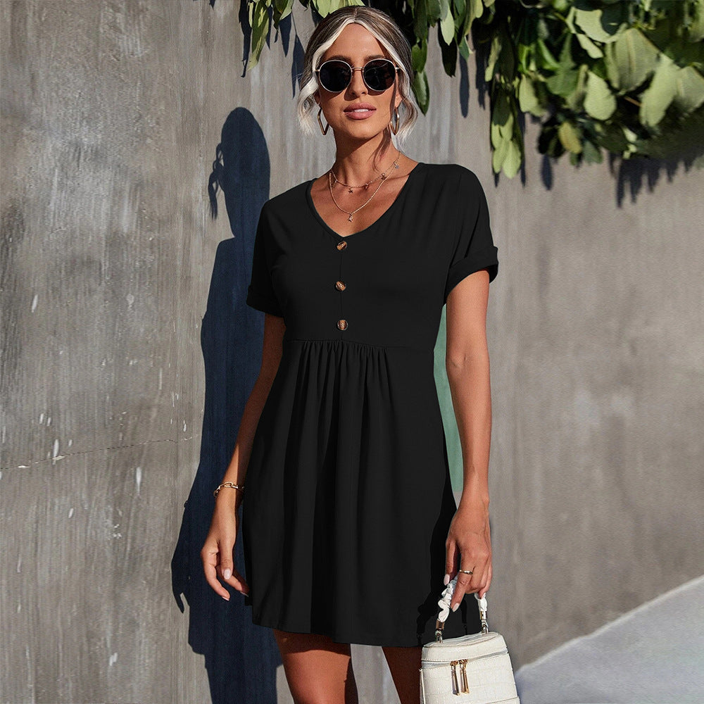 Black Front Buttoned Short Sleeve Dress