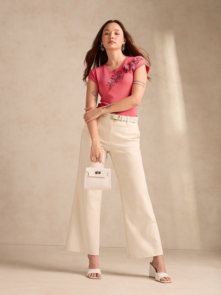Pink Relaxed Knitted Embroidered Top