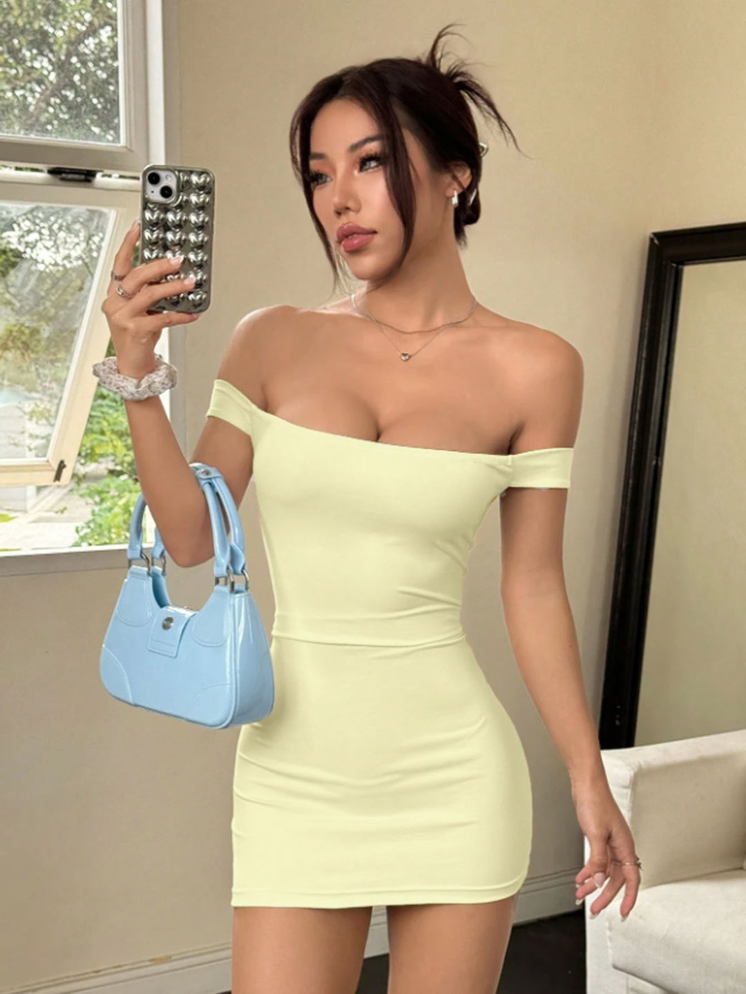 Cream Off Shoulder Fitted Dress