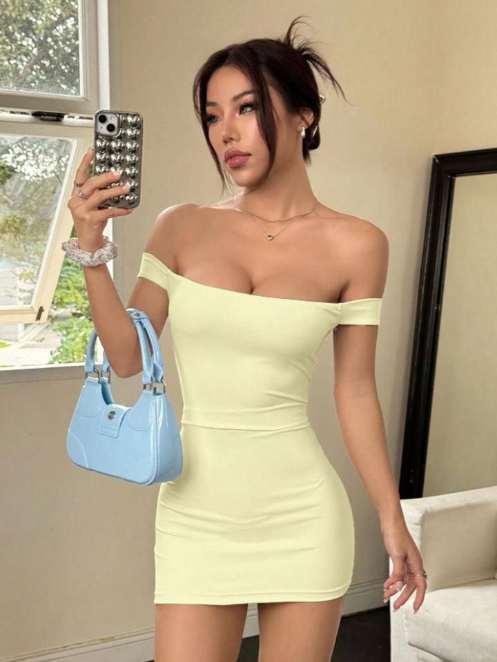 Cream Off Shoulder Fitted Dress