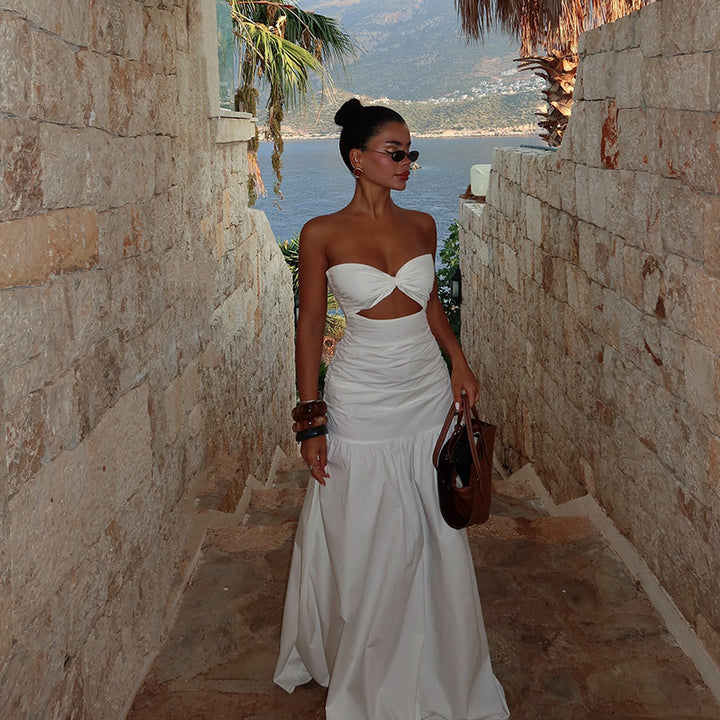 White Fitted Bust With Waist Cutout Maxi Dress