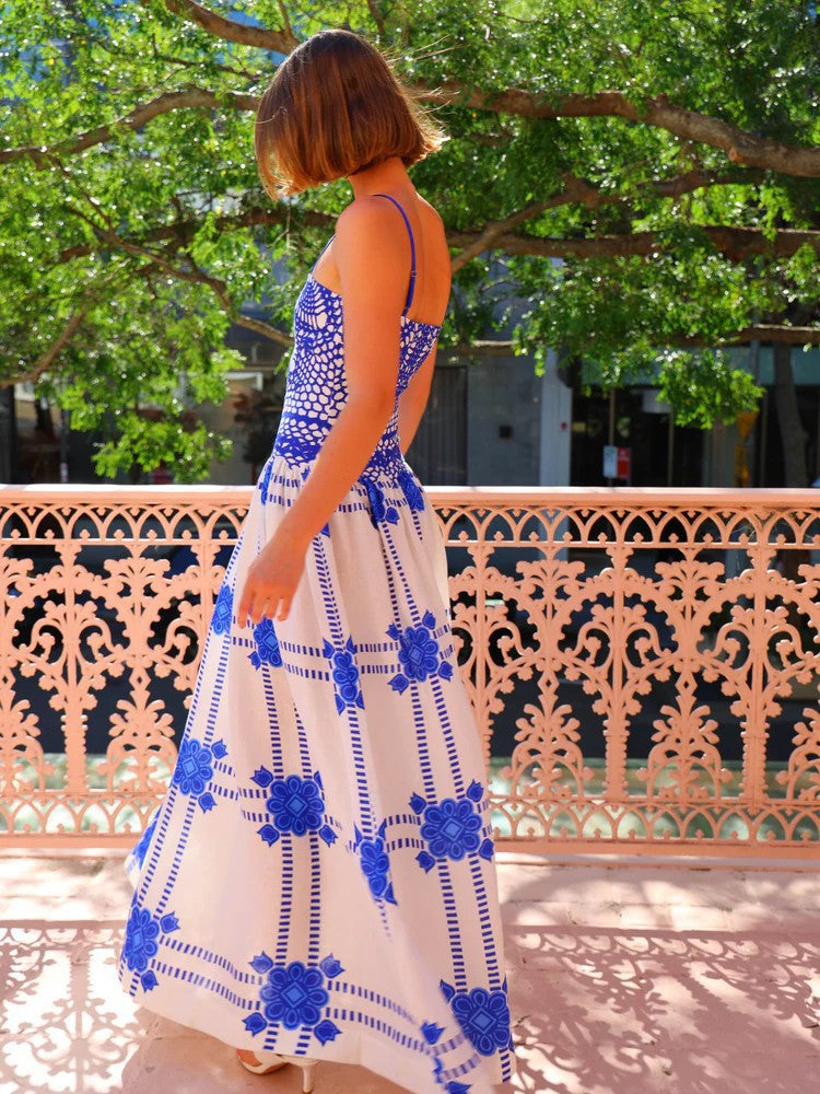 Blue Printed Fit And Flare Maxi Dress