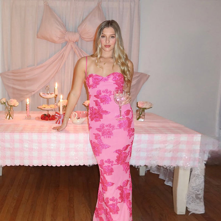 Pink Off Shoulder Floral Print Maxi Dress