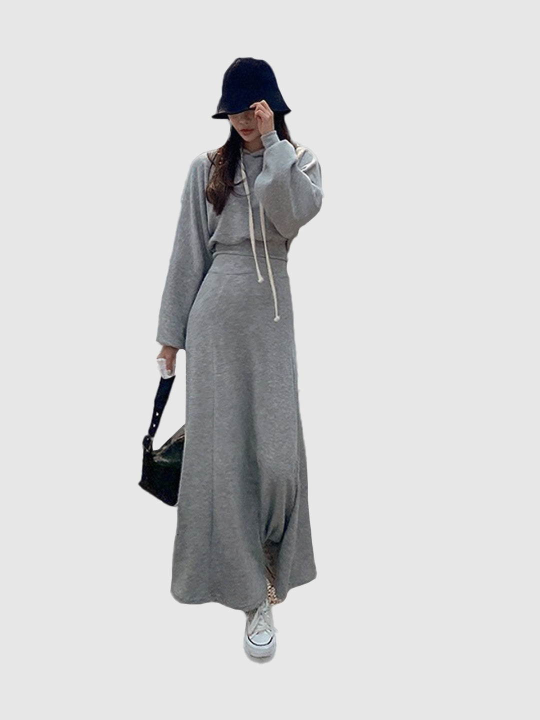 Solid Grey Hoodie And Skirt Co-Ord Set