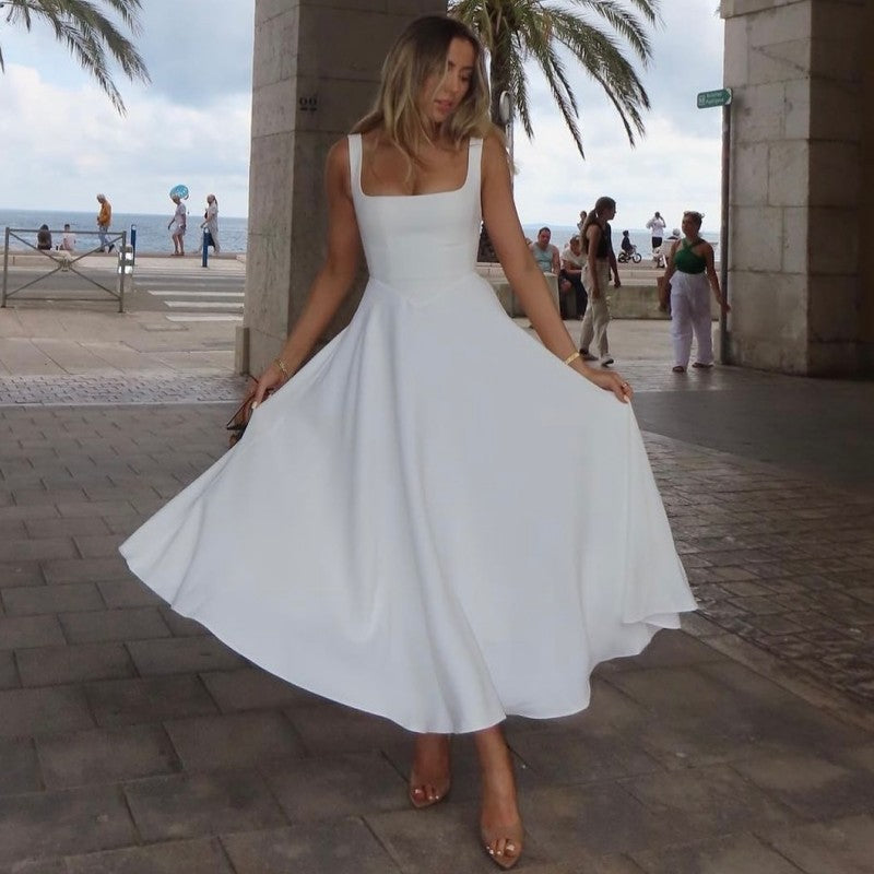 White Square Neck Flared Dress