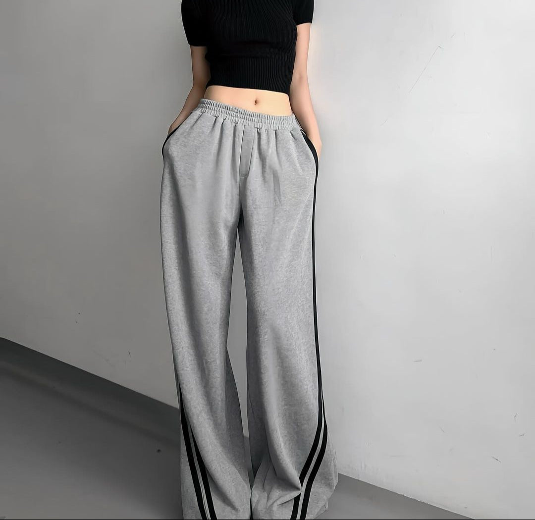 Grey Solid Contrast Stripped Wide Leg Sweatpants