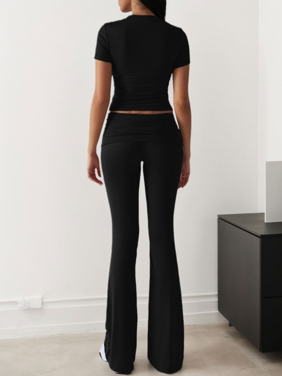 Black Short Sleeve Top & Waist Ruched Pant Set